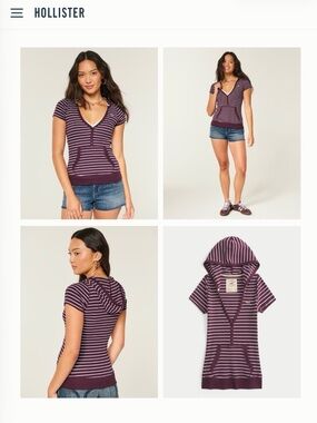 Hollister Women's Purple and White Striped Short-Sleeve Hoodie Top